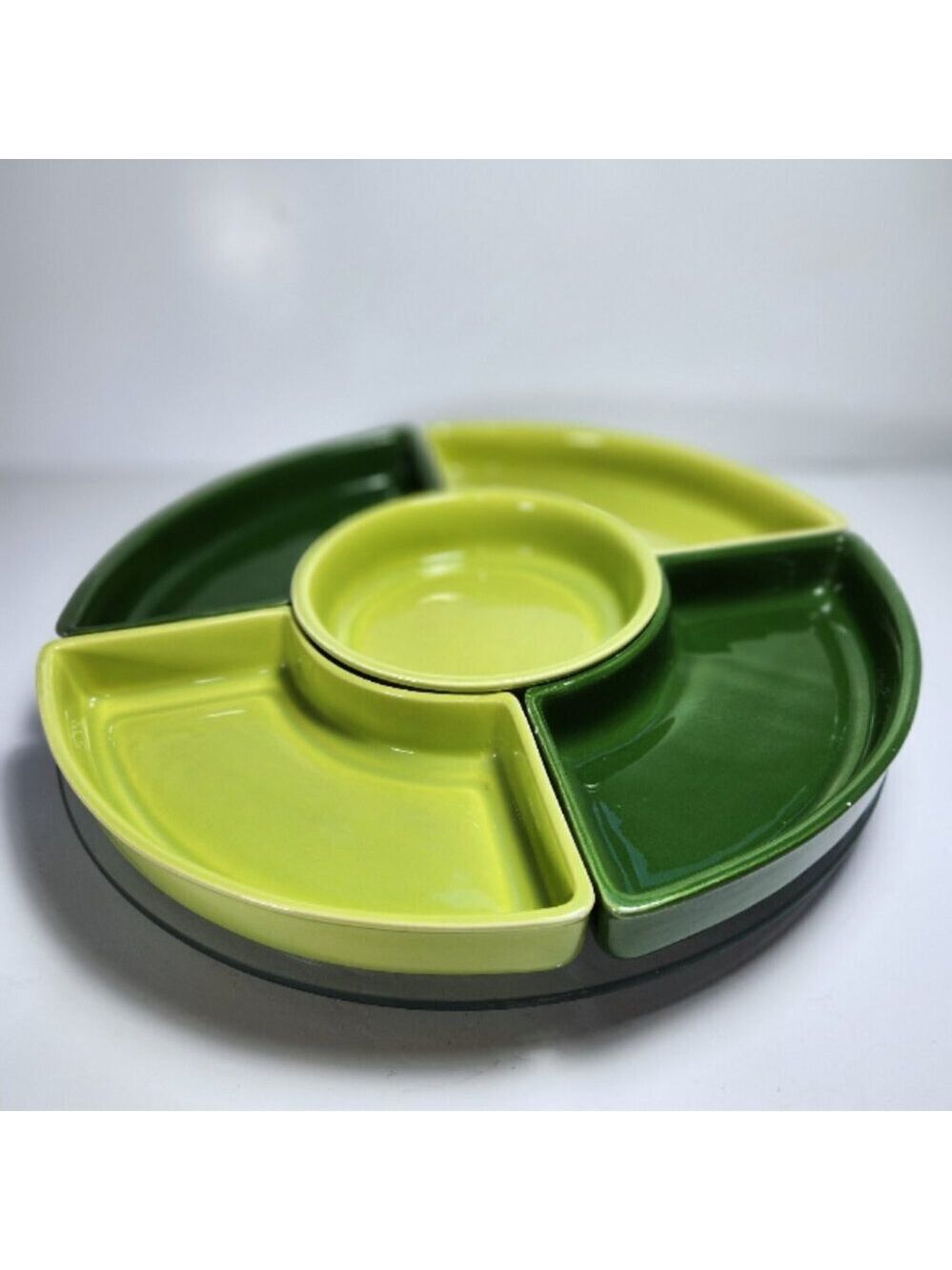Crown Ceramics 5 Piece Divide Serving Tray Set 2 Tone Green Glazed Ware MCM